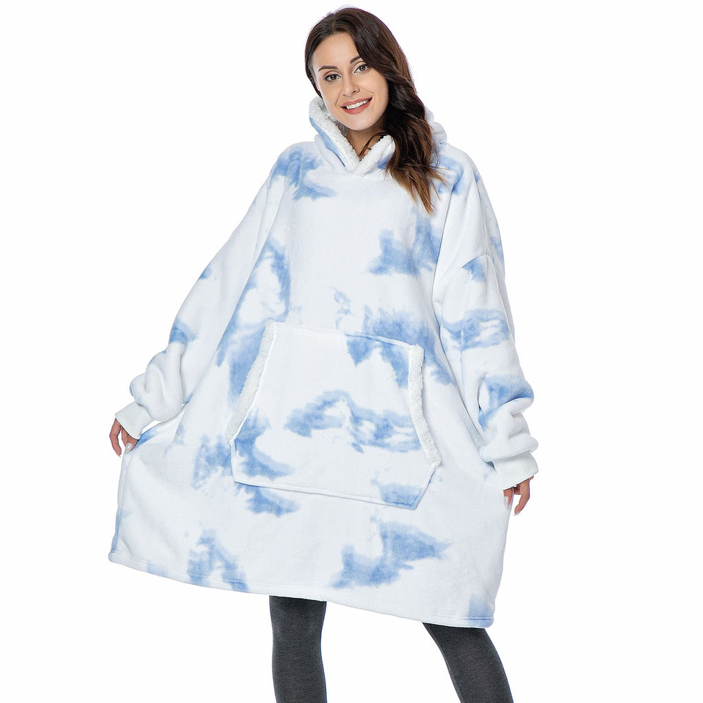 Light blue and white tie-dye oversized wearable blanket hoodie with hood and kangaroo pocket.