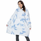 Light blue and white tie-dye oversized wearable blanket hoodie with hood and kangaroo pocket.