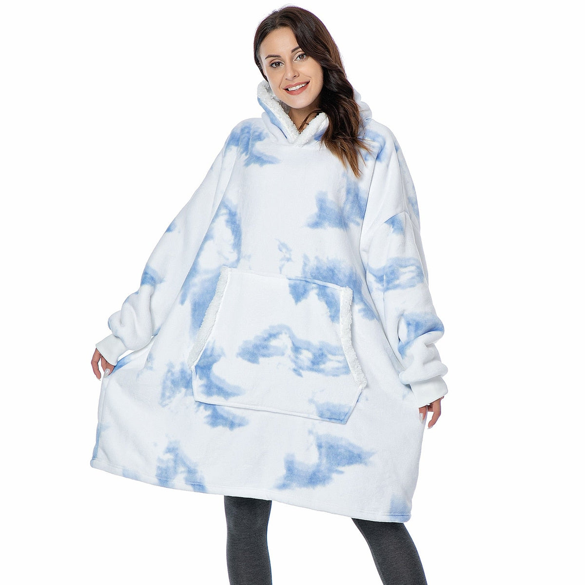 Light blue and white tie-dye oversized wearable blanket hoodie with hood and kangaroo pocket.