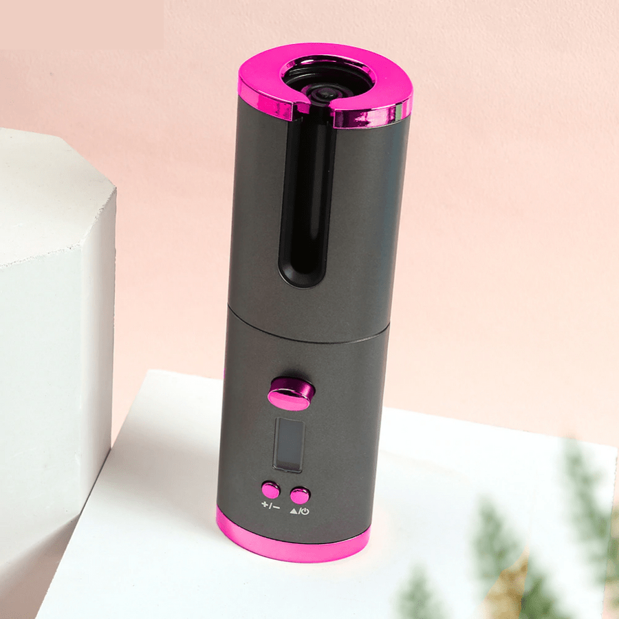 Cordless automatic curling iron with dark body and magenta top, buttons, and display panel