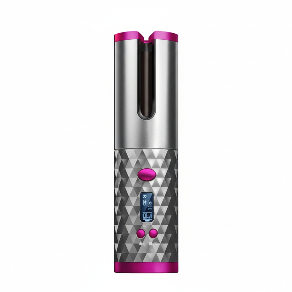 Cordless automatic curling iron in gray with diamond pattern grip and magenta control accents