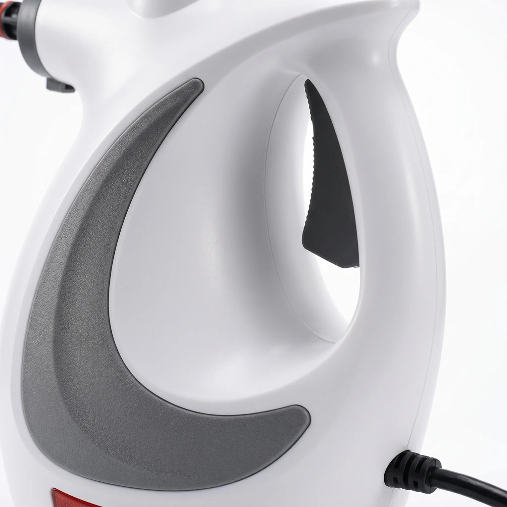 White steam cleaner body with curved handle and steam outlet nozzle