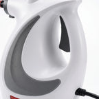 White steam cleaner body with curved handle and steam outlet nozzle
