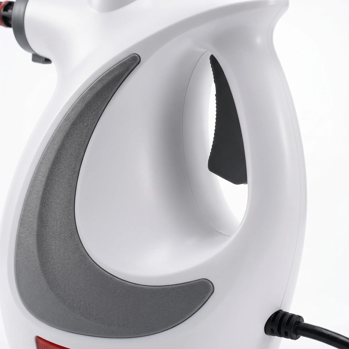 White steam cleaner body with curved handle and steam outlet nozzle
