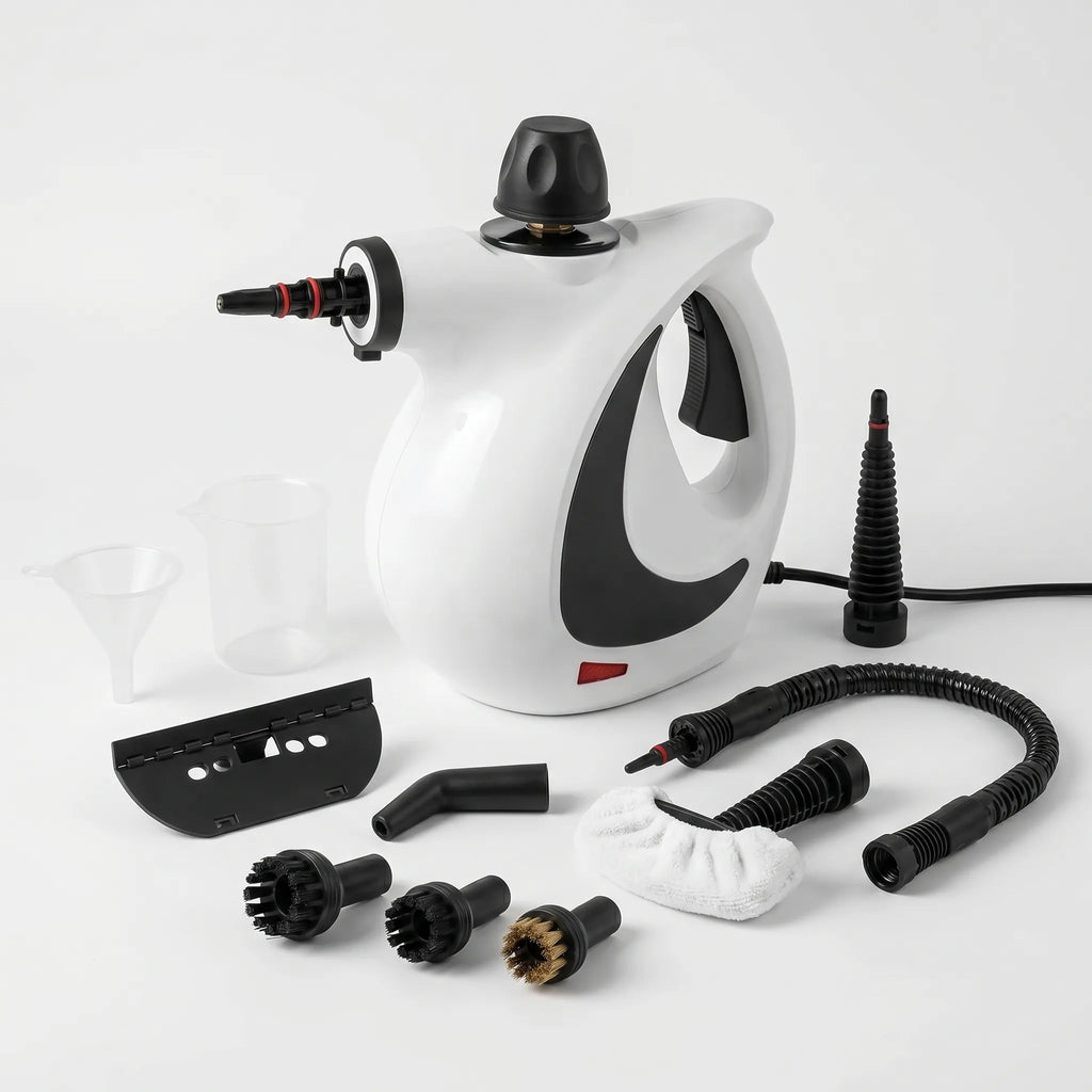Portable steam cleaner with nozzle, flexible hose, and accessory set