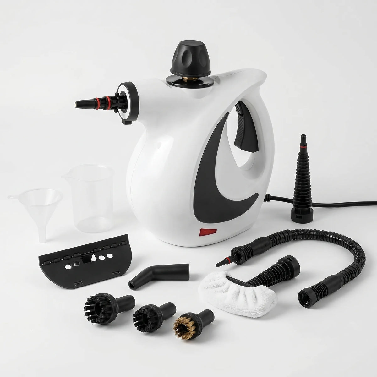 Portable steam cleaner with nozzle, flexible hose, and accessory set