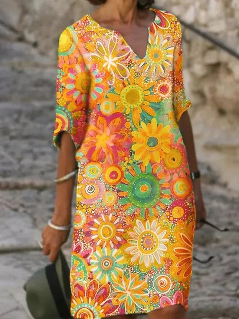 Hannah Floral V-Neck Dress – Feminine Summer Style-Summer V-Neck Dress-Yellow-S-Camoufit