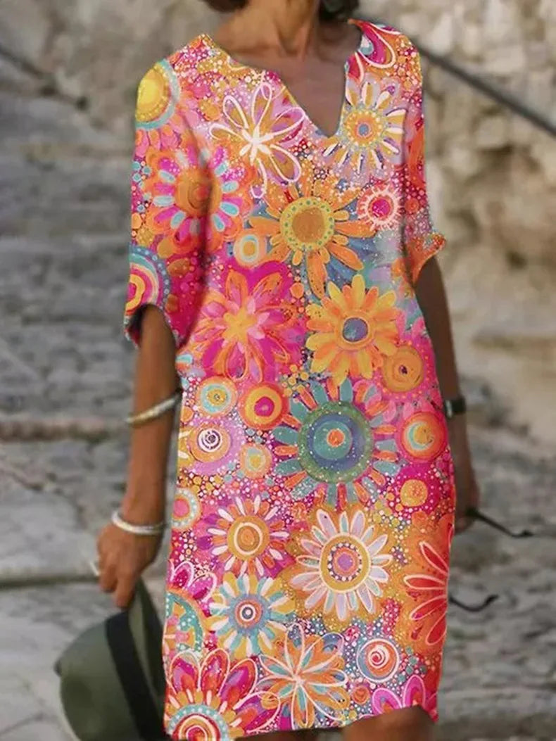 Hannah Floral V-Neck Dress – Feminine Summer Style-Summer V-Neck Dress-Pink-S-Camoufit