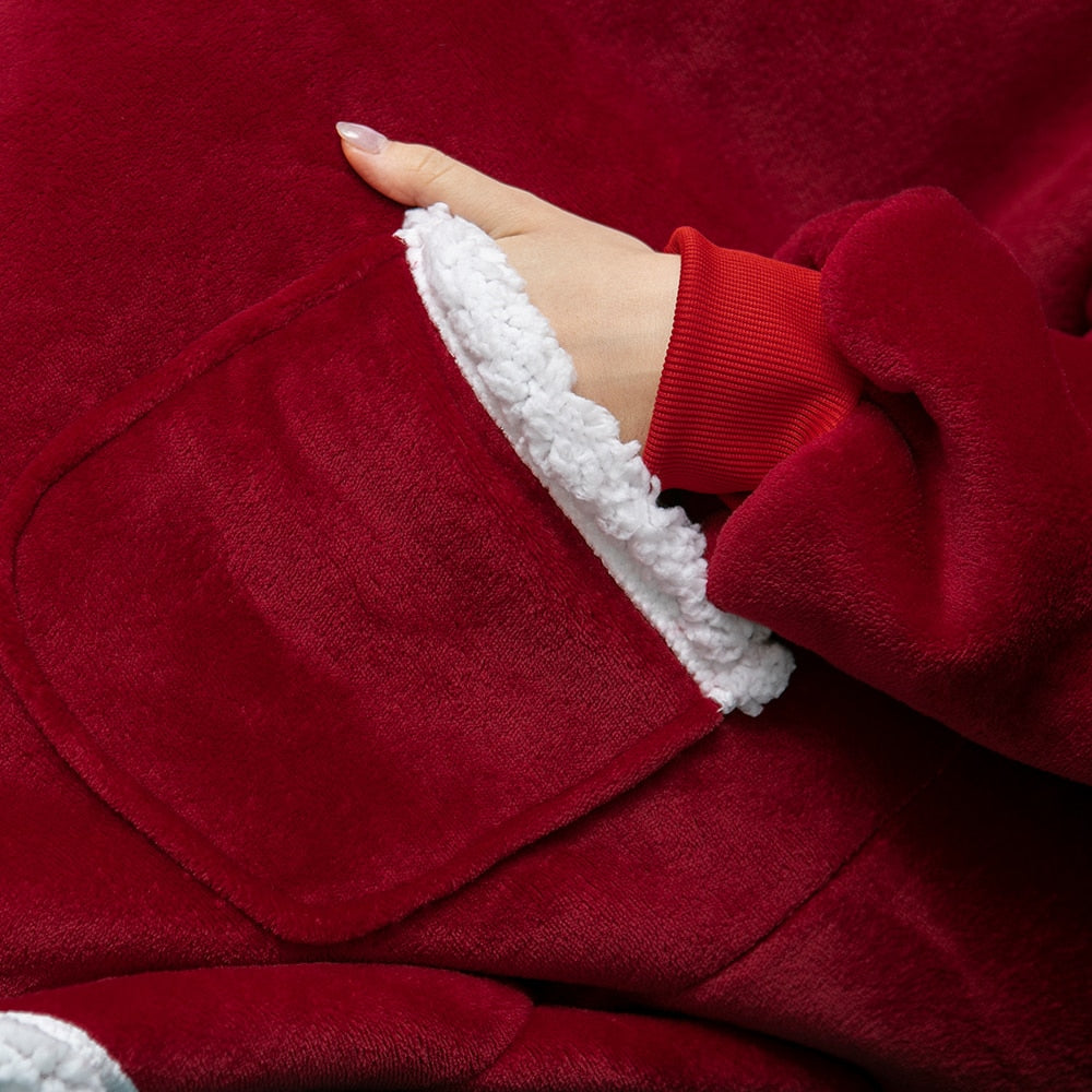 Red sherpa-lined blanket hoodie with soft fleece, hood and sleeve detail