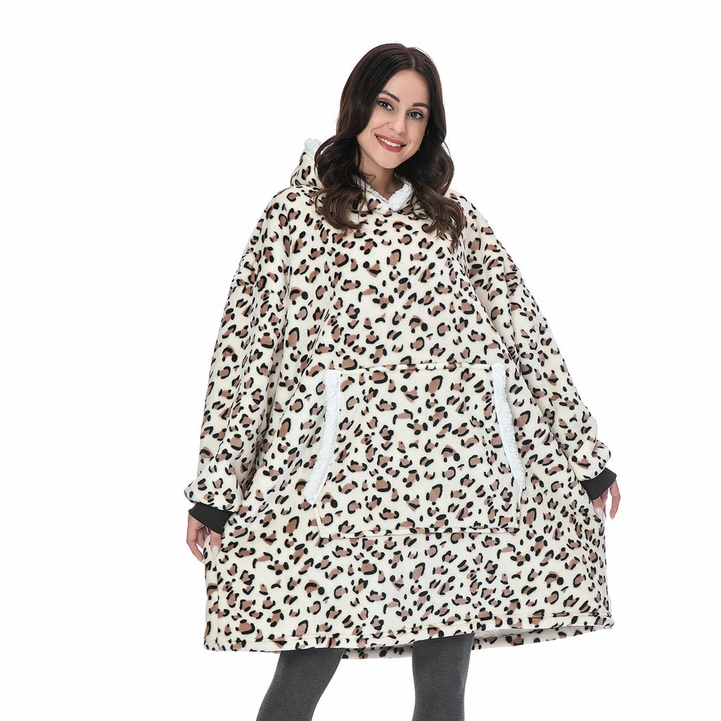 Leopard print oversized wearable blanket hoodie with hood and kangaroo pocket