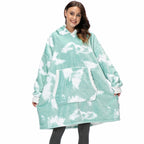 Oversized tie-dye fleece wearable blanket hoodie with hood and kangaroo pocket, mint white.