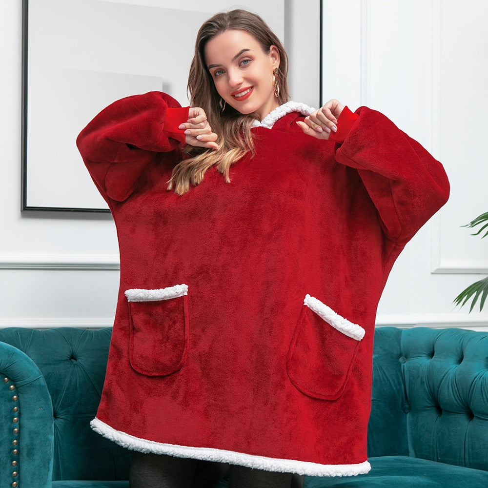 Red wearable blanket hoodie with hood and kangaroo pocket, sherpa trim hem