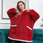 Red wearable blanket hoodie with hood and kangaroo pocket, sherpa trim hem