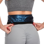 Waist trainer belt with blue center panel and black sides, adjusted on hips