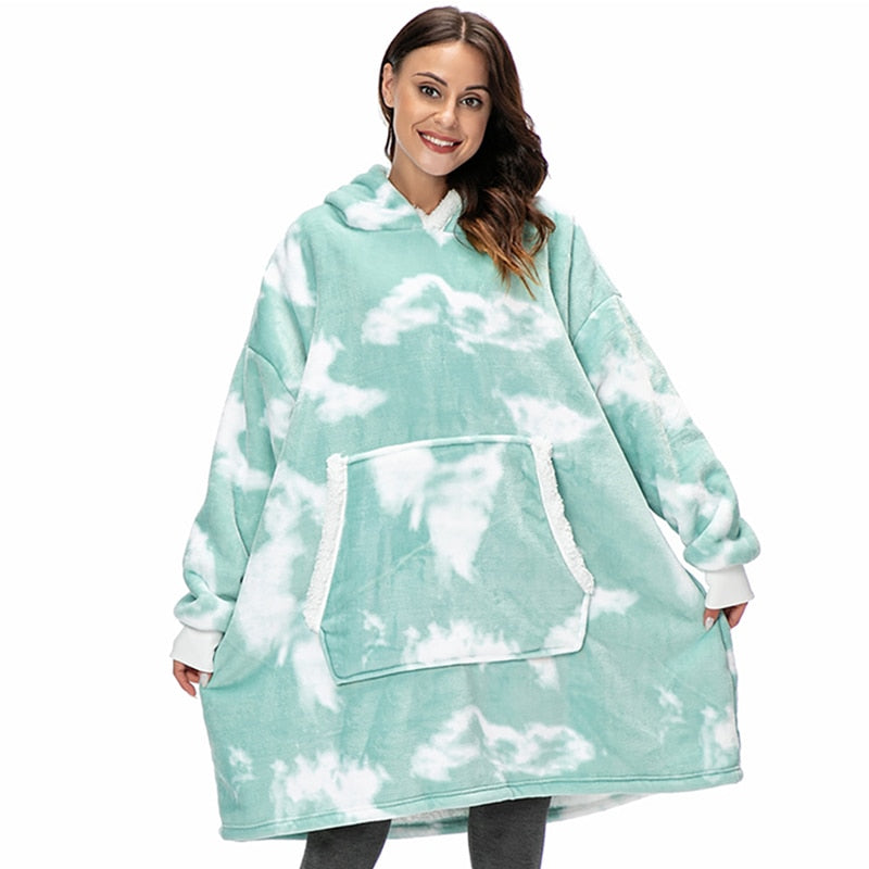 Light teal tie-dye oversized wearable blanket hoodie with hood and kangaroo pocket.