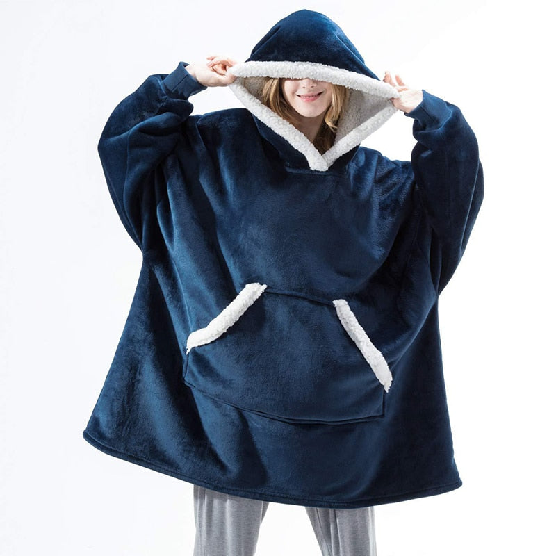 Blue wearable blanket hoodie with hood and kangaroo pocket, light sherpa trim