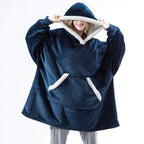 Blue wearable blanket hoodie with hood and kangaroo pocket, light sherpa trim