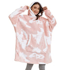 Pink tie-dye wearable blanket hoodie with hood and kangaroo pocket, sherpa lining