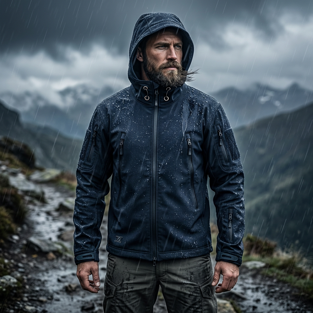 Men's hooded softshell jacket with front zipper and two chest pockets, dark