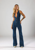 Aloura | Heart-Shaped Denim Jumpsuit for Women – Zip Front Bodycon Fit-Jumpsuit-Navy-XS-Camoufit