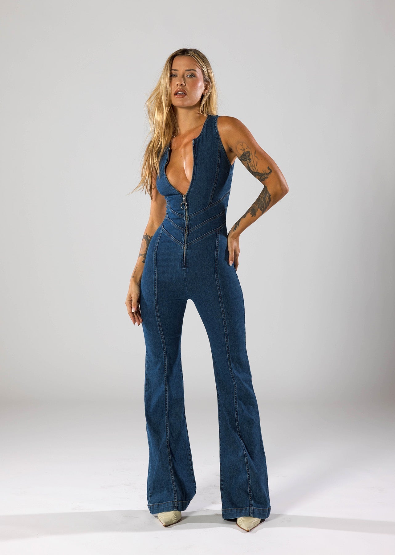 Aloura | Heart-Shaped Denim Jumpsuit for Women – Zip Front Bodycon Fit-Jumpsuit-Navy-XS-Camoufit