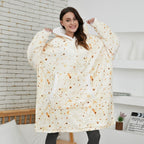 Oversized fleece hoodie blanket with hood and kangaroo pocket, white with orange speckles