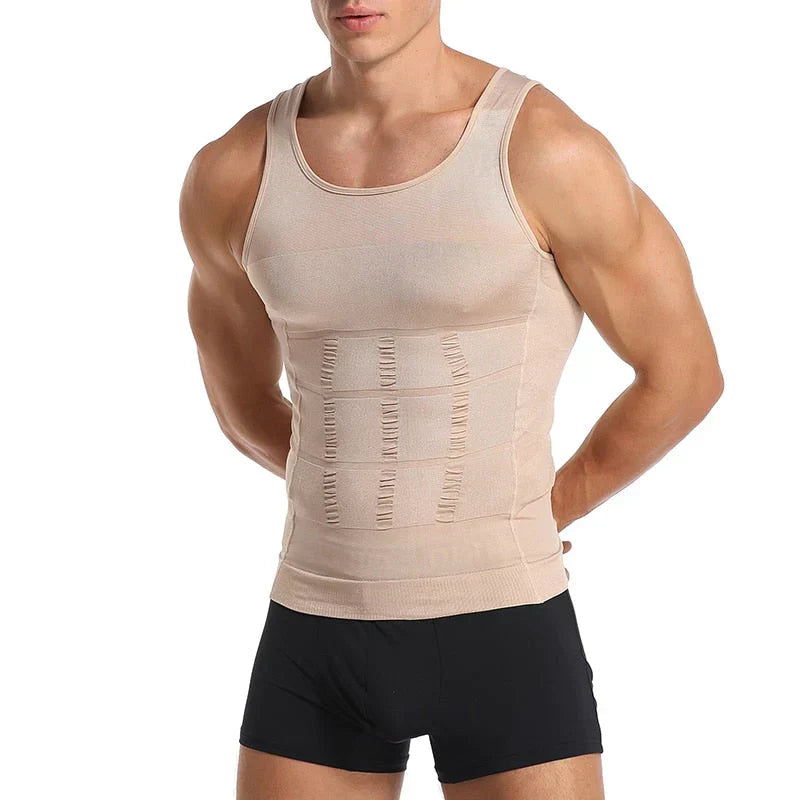 Men's compression tank undershirt, light brown sleeveless; front view on model