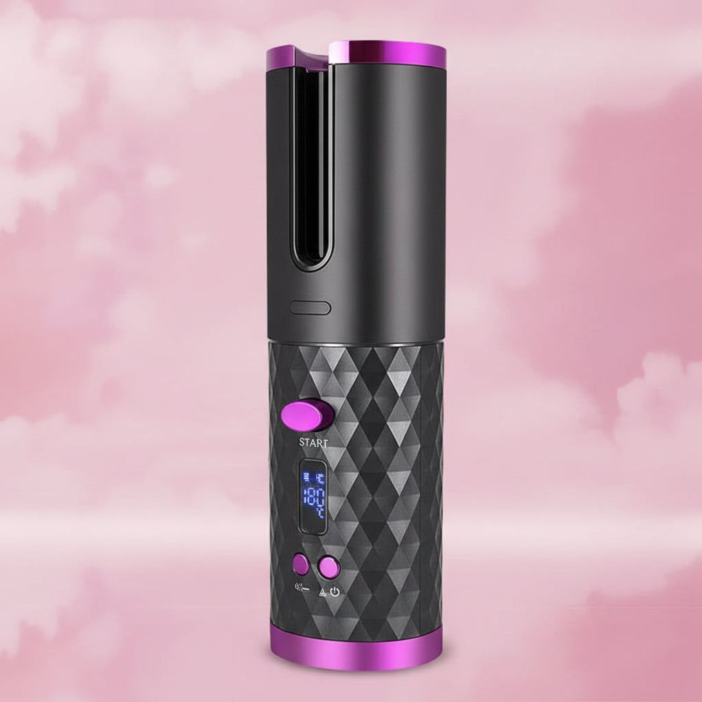 Cordless automatic curling iron with black body, magenta top, and diamond textured lower section