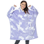 Oversized lavender tie-dye fleece wearable blanket hoodie with hood and kangaroo pocket.