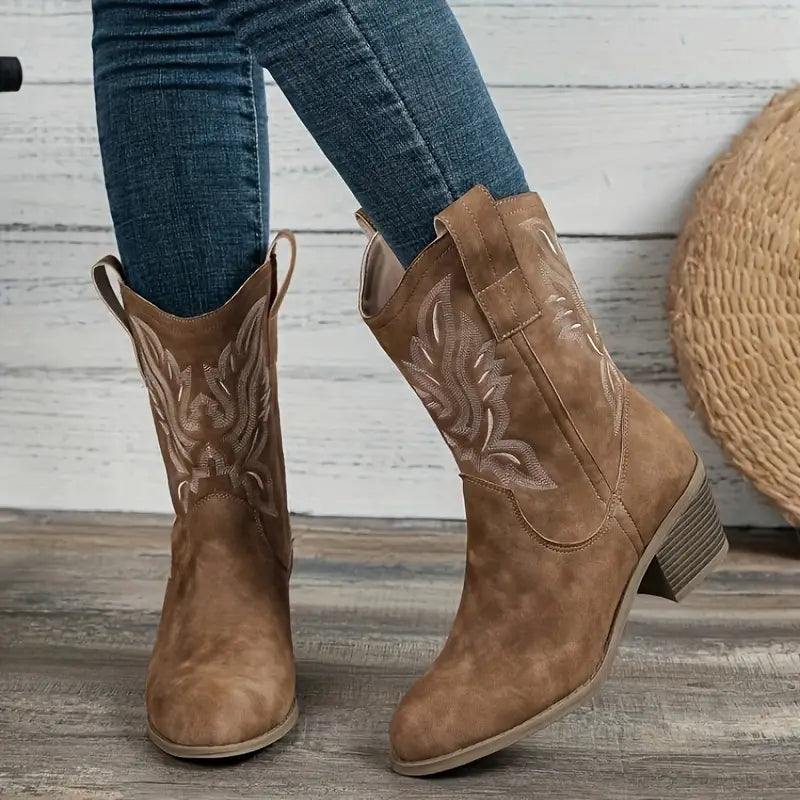 Sadie Women's Cowgirl Boots - Embroidered Block Heel Western Style-Women's Cowboy Boots-Camel-5-Camoufit
