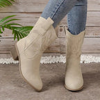 Sadie Women's Cowgirl Boots - Embroidered Block Heel Western Style-Women's Cowboy Boots-Beige-5-Camoufit