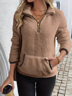 Vireya | Women's Half Zip Fleece Pullover Teddy Jumper Kangaroo Pocket Cosy Relaxed Sweater-Women's Sweater-Brown-S-