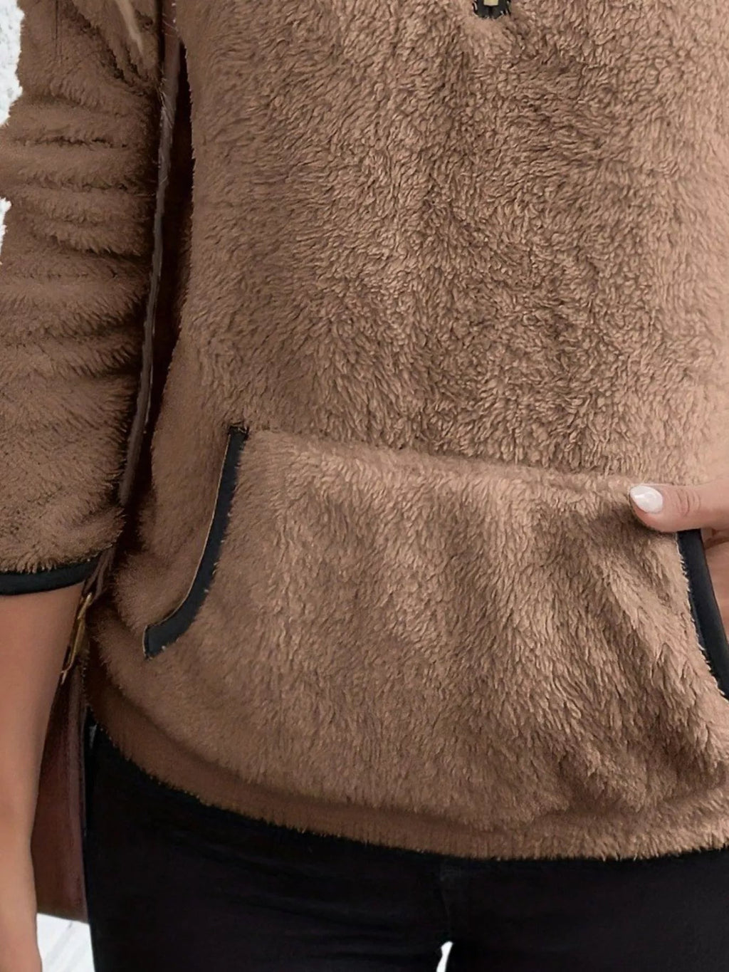 Vireya | Women's Half Zip Fleece Pullover Teddy Jumper Kangaroo Pocket Cosy Relaxed Sweater-Women's Sweater-Brown-S-