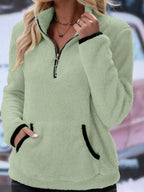 Vireya | Women's Half Zip Fleece Pullover Teddy Jumper Kangaroo Pocket Cosy Relaxed Sweater-Women's Sweater-Light Green-S-