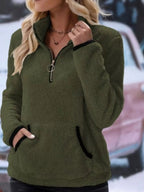 Vireya | Women's Half Zip Fleece Pullover Teddy Jumper Kangaroo Pocket Cosy Relaxed Sweater-Women's Sweater-Army Green-S-
