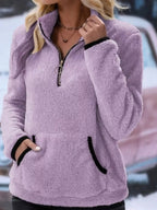 Vireya | Women's Half Zip Fleece Pullover Teddy Jumper Kangaroo Pocket Cosy Relaxed Sweater-Women's Sweater-Purple-S-