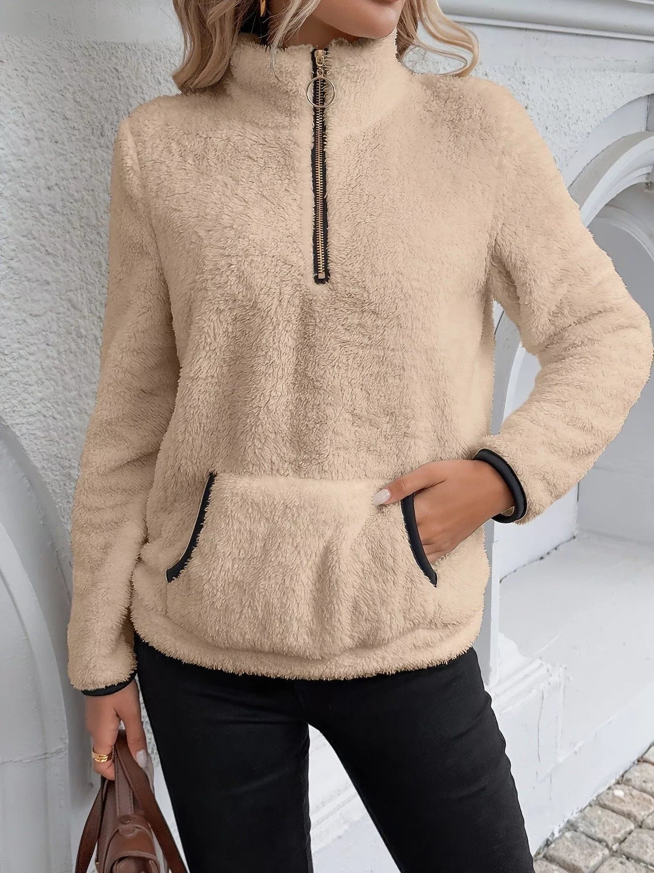 Vireya | Women's Half Zip Fleece Pullover Teddy Jumper Kangaroo Pocket Cosy Relaxed Sweater-Women's Sweater-Khaki-S-