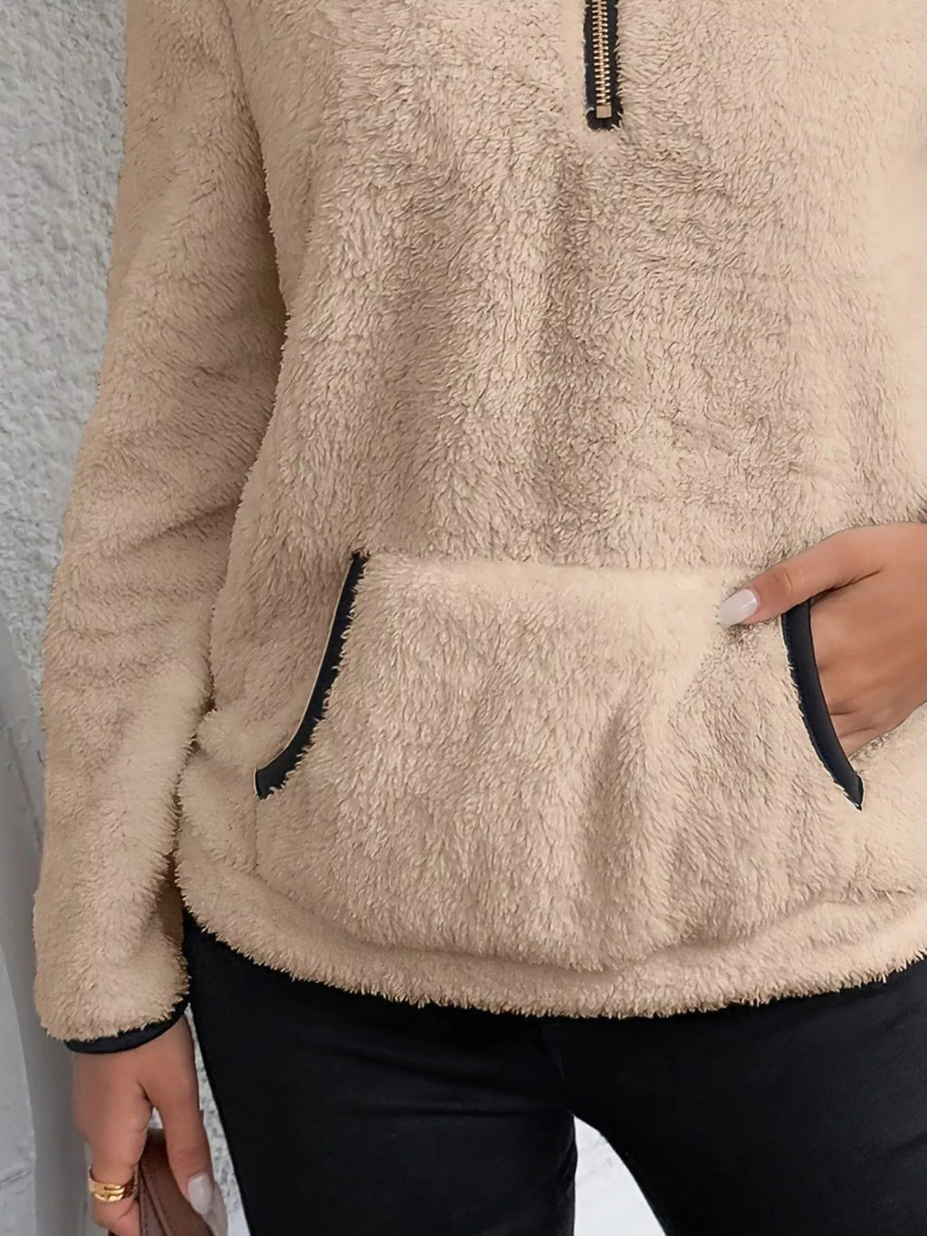 Vireya | Women's Half Zip Fleece Pullover Teddy Jumper Kangaroo Pocket Cosy Relaxed Sweater-Women's Sweater-Brown-S-