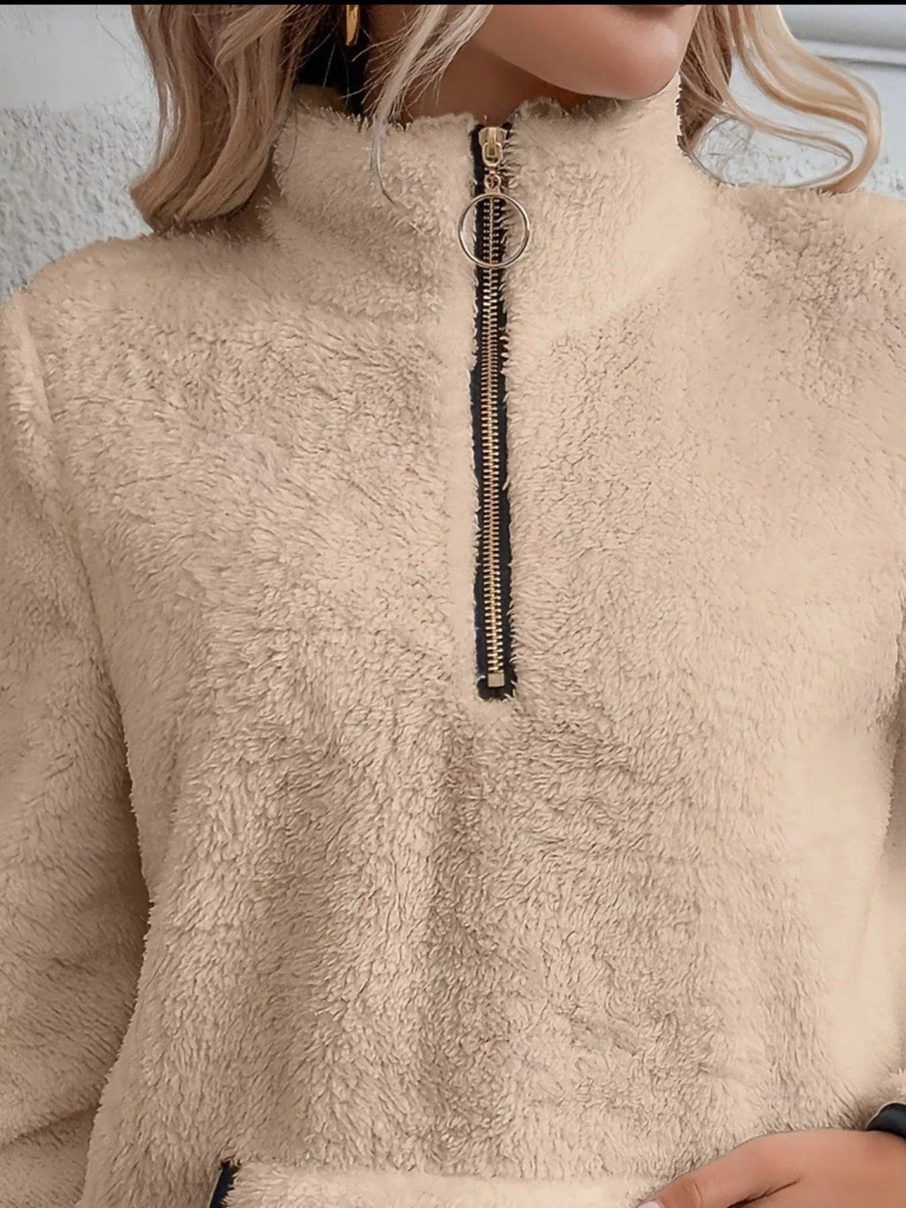 Vireya | Women's Half Zip Fleece Pullover Teddy Jumper Kangaroo Pocket Cosy Relaxed Sweater-Women's Sweater-Brown-S-