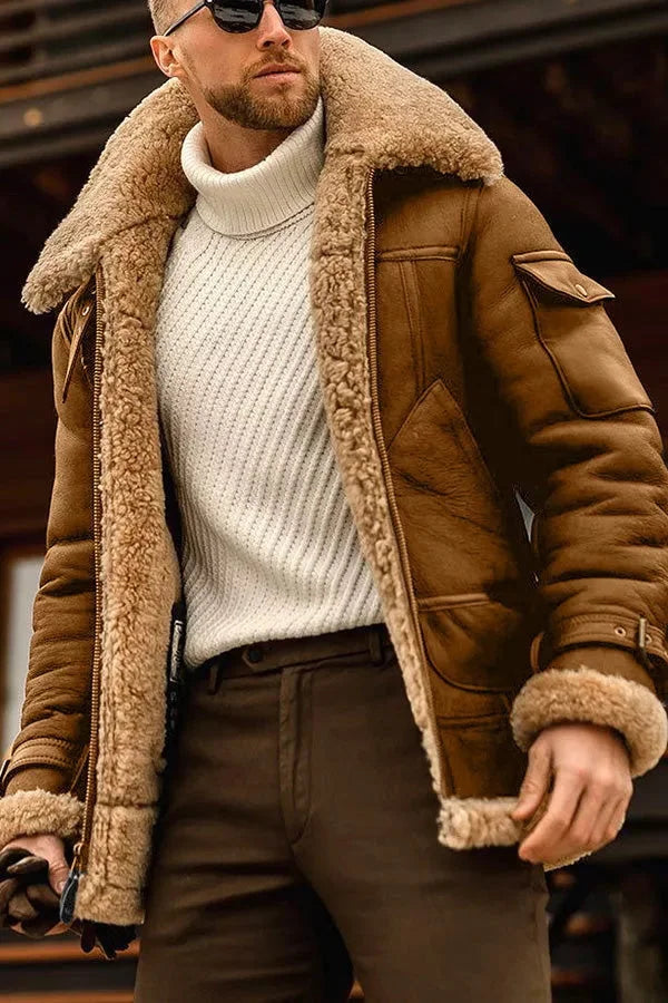 SUENTA Herren Camel Fliegende Jacke Echtes Schafsfell Vintage Braun