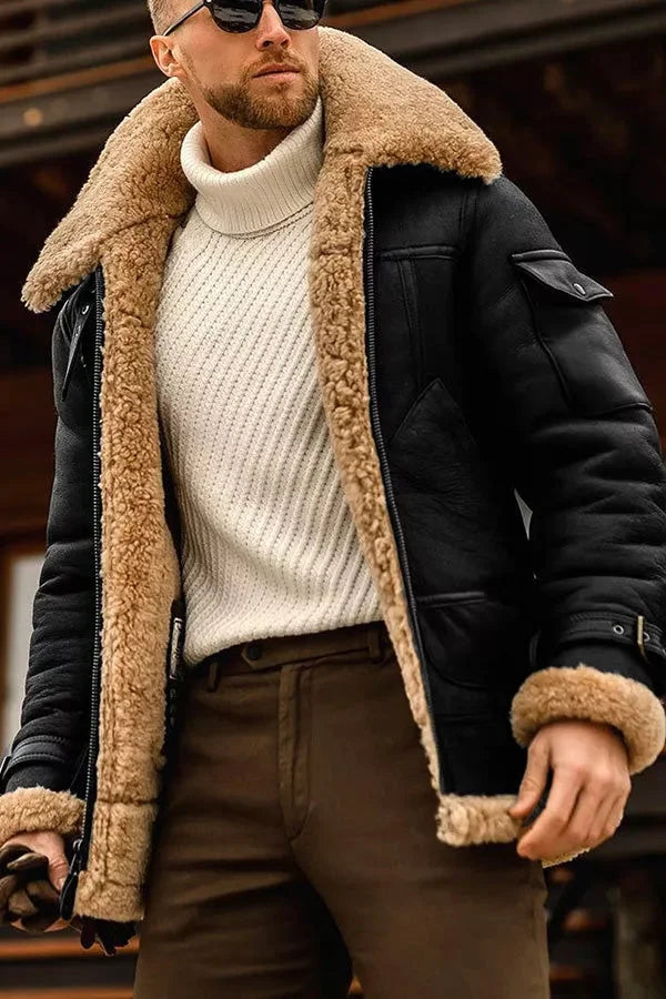 SUENTA Herren Camel Fliegende Jacke Echtes Schafsfell Vintage Schwarz