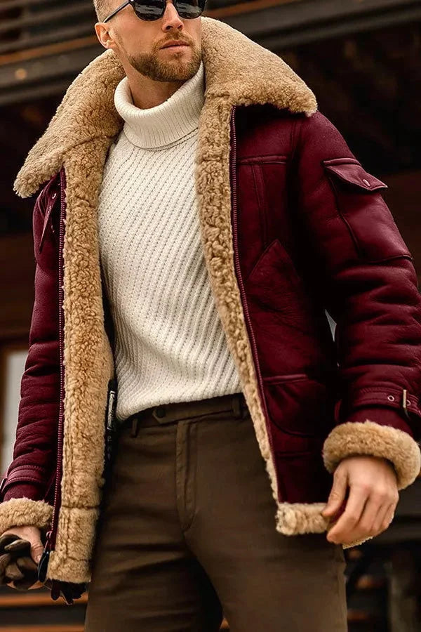 SUENTA Herren Camel Fliegende Jacke Echtes Schafsfell Vintage Rot