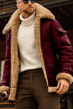 SUENTA Herren Camel Fliegende Jacke Echtes Schafsfell Vintage Rot
