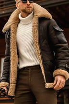 SUENTA Herren Camel Fliegende Jacke Echtes Schafsfell Vintage Kaffee