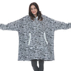 Oversized zebra stripe fleece wearable blanket hoodie with hood and kangaroo pocket.
