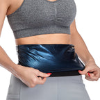 Neoprene waist trainer belt with blue sheen, cinched at the waist