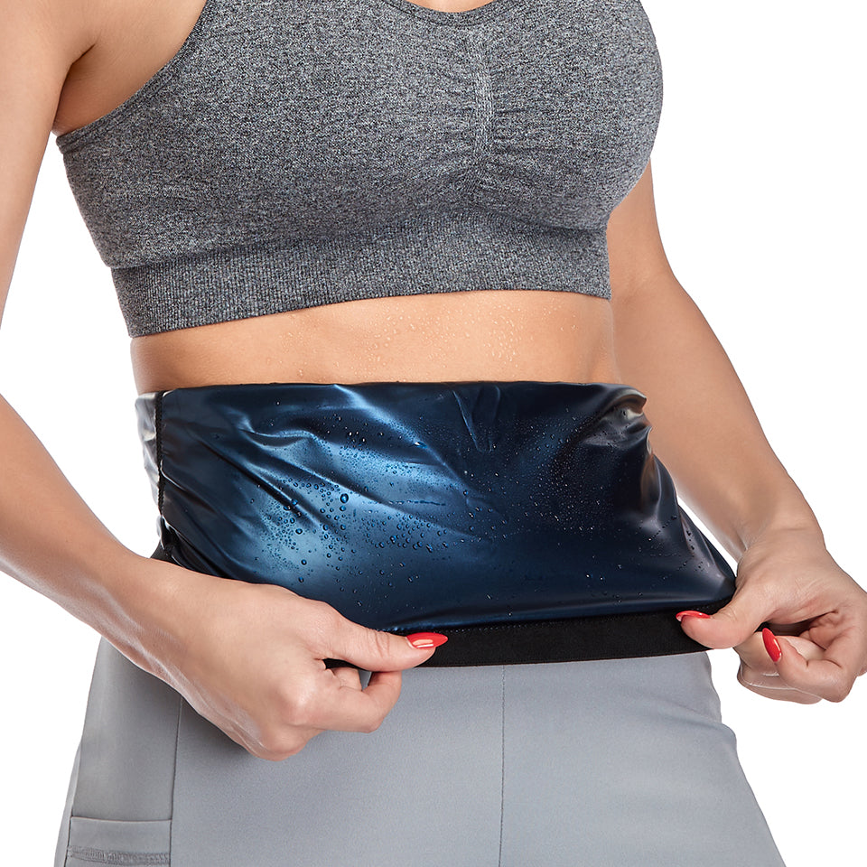 Neoprene waist trainer belt with blue sheen, cinched at the waist