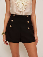Aléora | High Waist Shorts for Women - Double Breasted Button Tailored Regular Elegant Fit-Women's Shorts-Black-XS-Camoufit