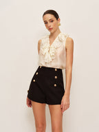 Aléora | High Waist Shorts for Women - Double Breasted Button Tailored Regular Elegant Fit-Women's Shorts-Black-XS-Camoufit