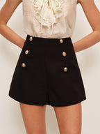 Aléora | High Waist Shorts for Women - Double Breasted Button Tailored Regular Elegant Fit-Women's Shorts-Black-XS-Camoufit
